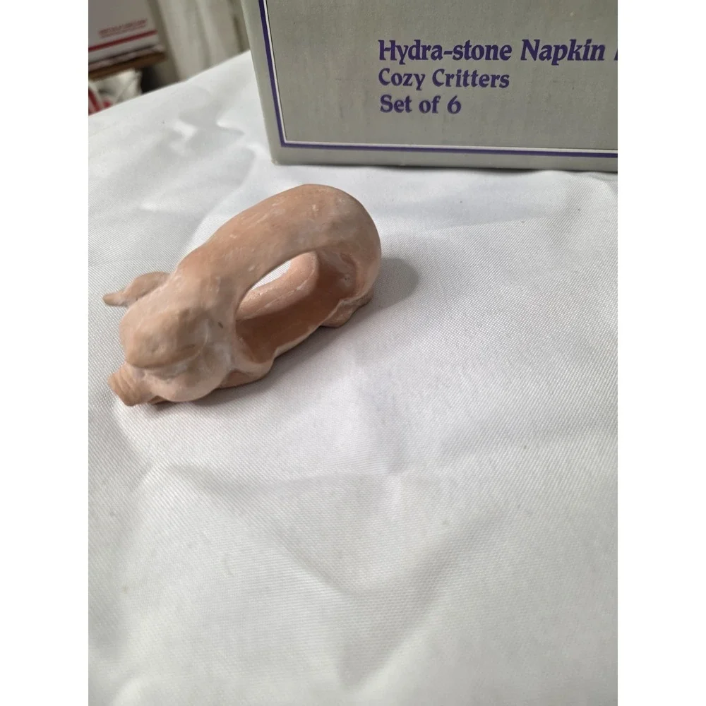 COZY CRITTERS HYDRA-STONE NAPKIN RINGS SET OF 6 TOYO KOREA ANIMALS PETS IN BOX